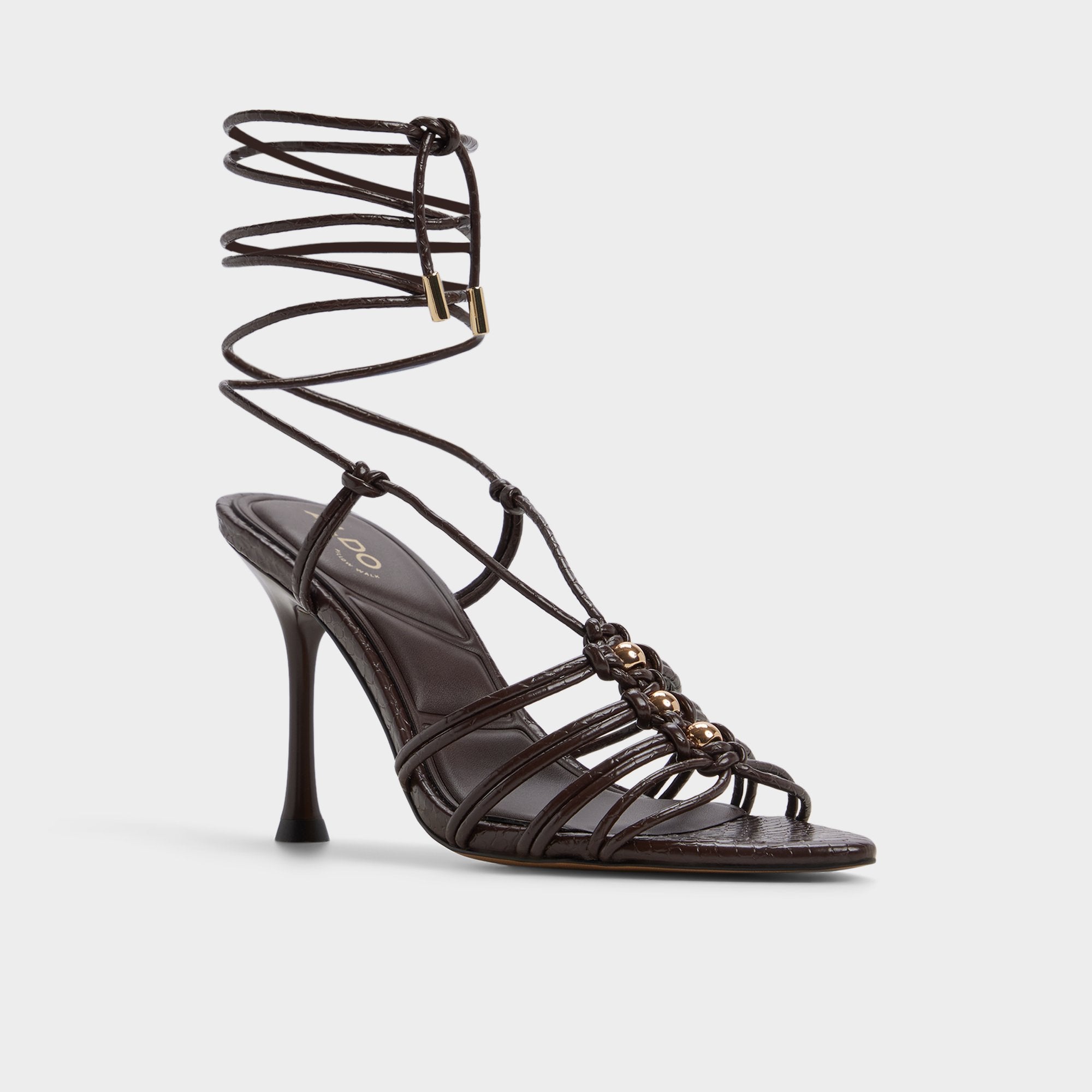 Curacao in Dark Brown - Strappy heeled sandal, Stiletto heel | Aldo outlet