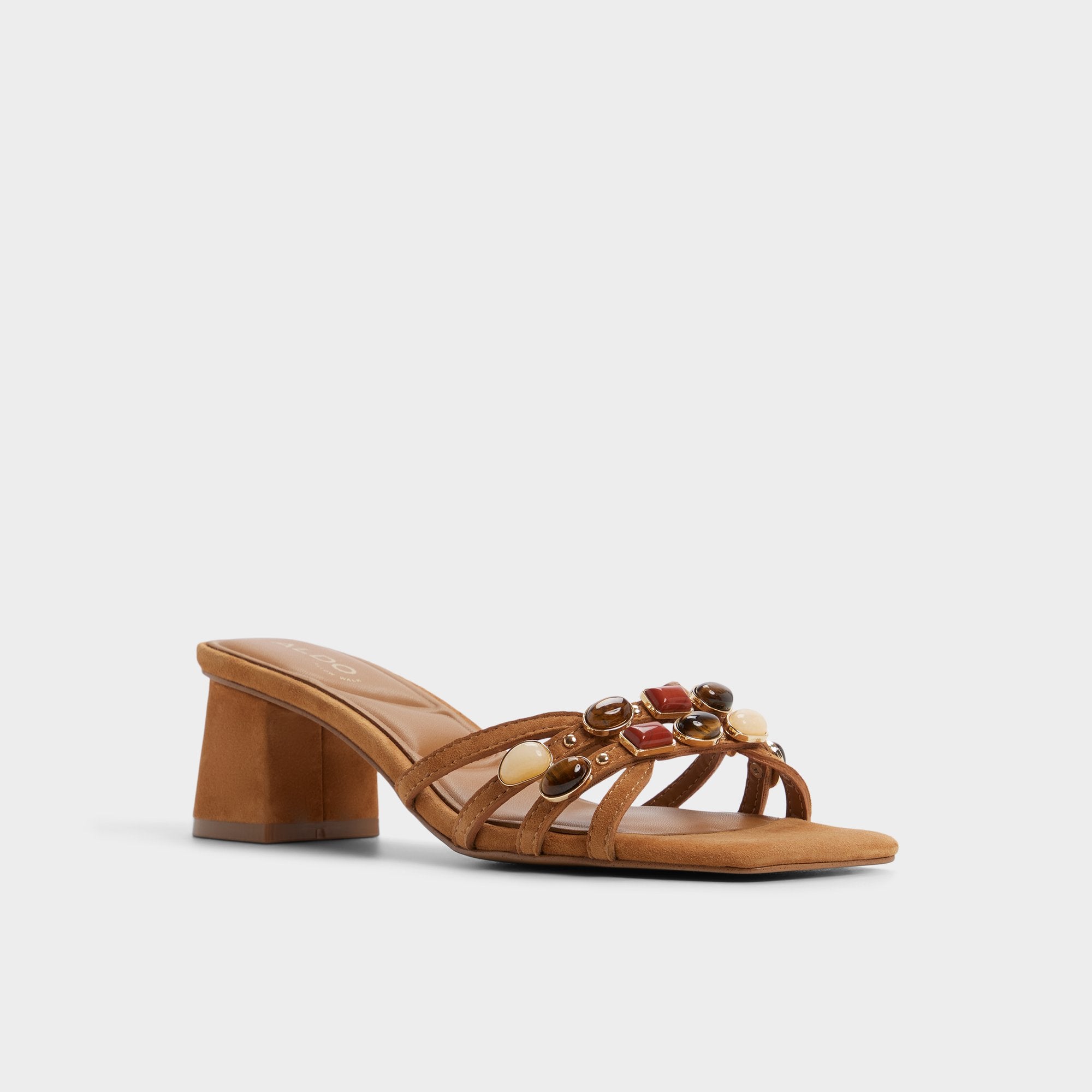Jemstone in Medium Brown - Strappy heeled sandal, Block heel | Aldo outlet