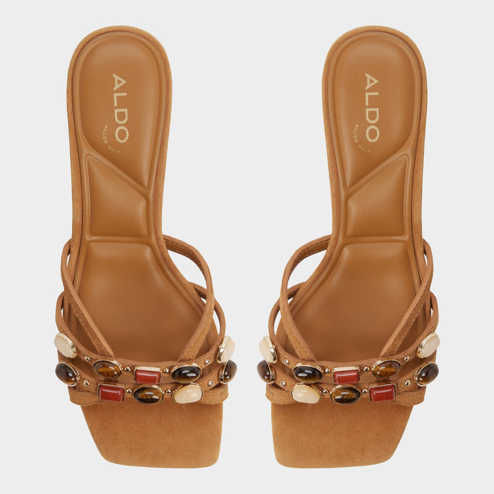 Jemstone in Medium Brown - Strappy heeled sandal, Block heel | Aldo outlet